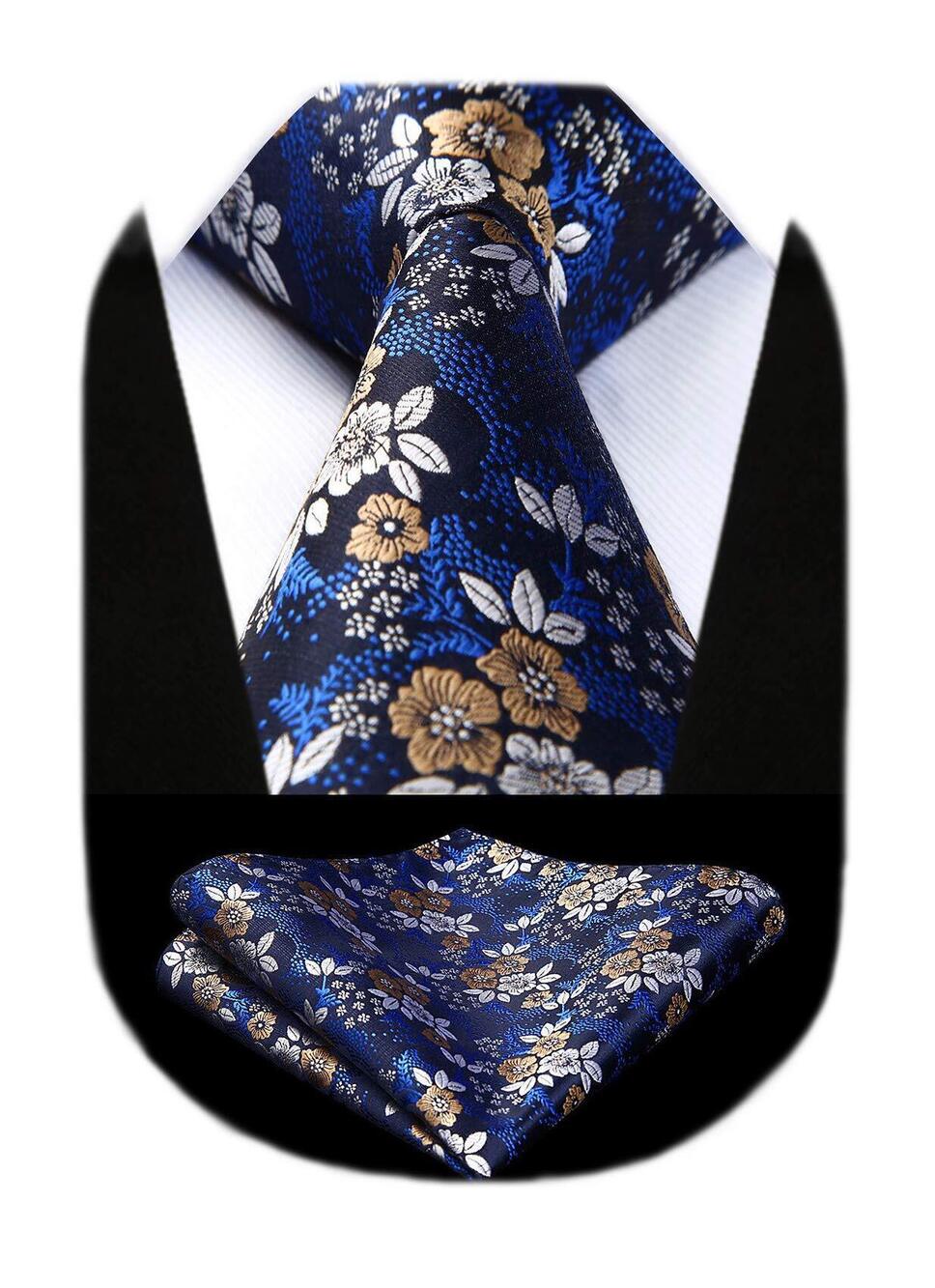 8110 Blue Tie Woven Classic Necktie Navy Floral Ties Pocket Suqare Set